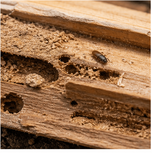 Wood borer damage - round exit holes in timber