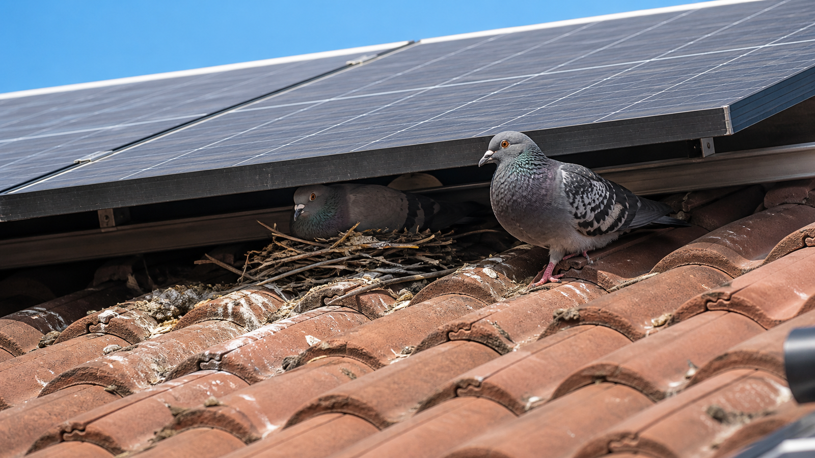 Bird proofing Melbourne - pigeons nesting under solar panels on a suburban roof