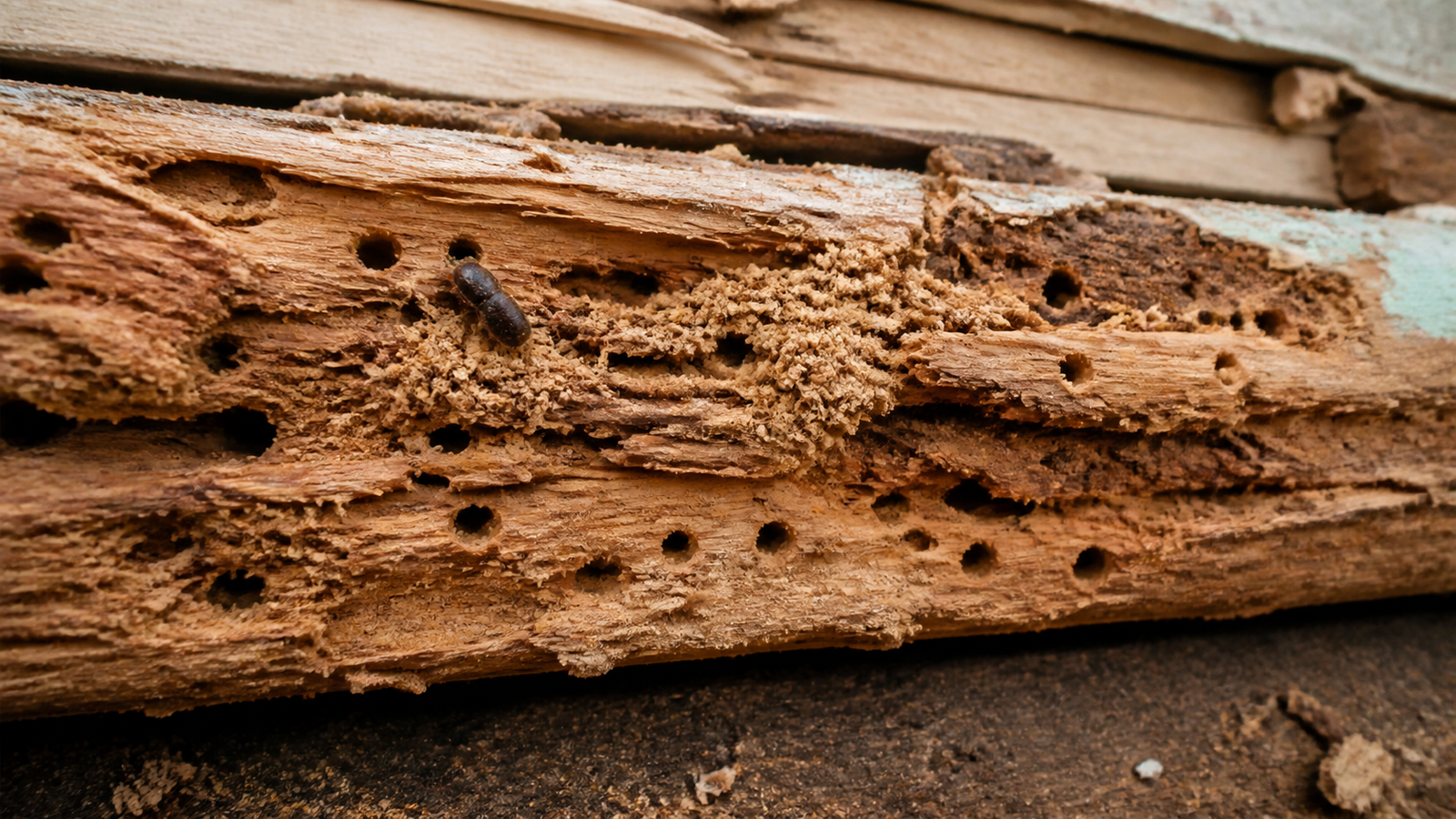 Borer control Melbourne - inspecting timber for wood borer holes and frass